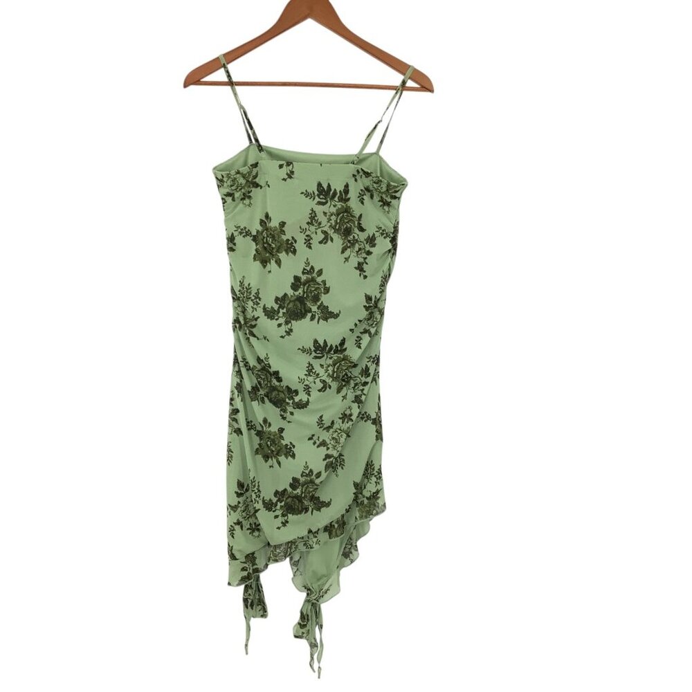 Almost Famous Women's Green Floral Slip Dress L Ruched Tie Hem Y2K - Picture 7 of 7
